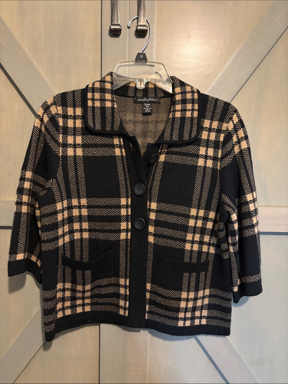 Petite Sophisticate Black and Tan Plaid Knit Blazer